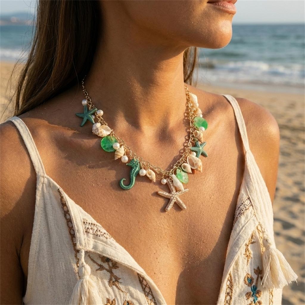 Boho Exaggerated Starfish Conch Pendant Necklace for Women Seahorse Shell Imitation Pearl Metal Chain Choker Beach Party Jewelry