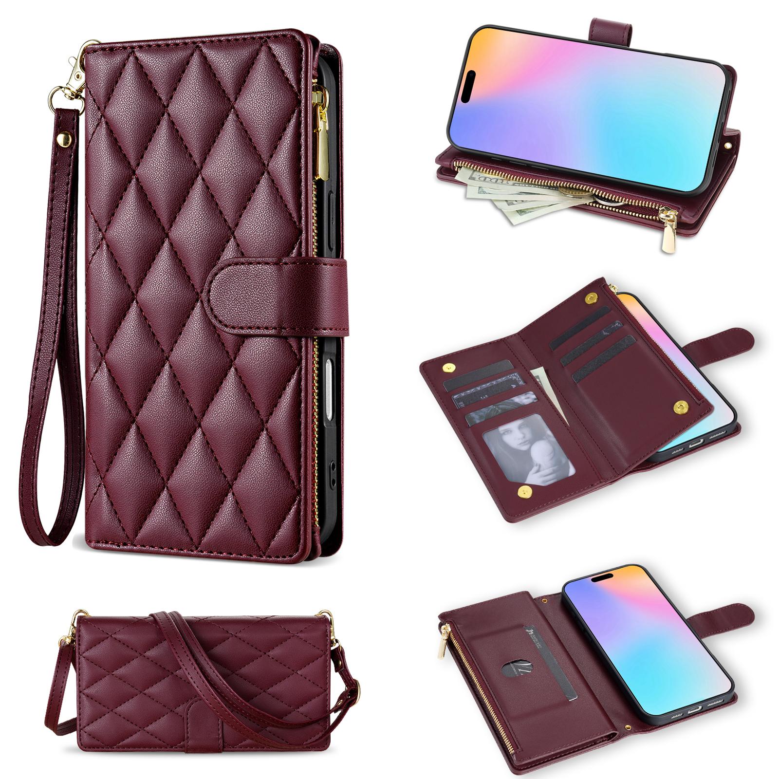 

For iPhone 16 Case Rhombus Stitching Leather Wallet Phone Cover with Long/Short Strap Wine Red