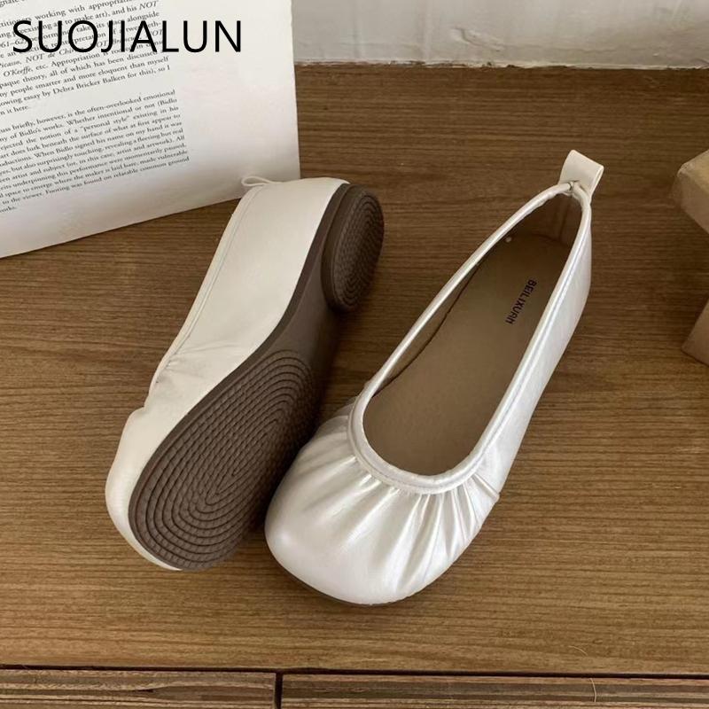 Fashion SUOJIALUN 2025 Autumn Women New Brand Flat Shoes Fashion Pleated Shallow Slip On Single Shoes Soft Flat Heel Outdoor Ballet Shoe