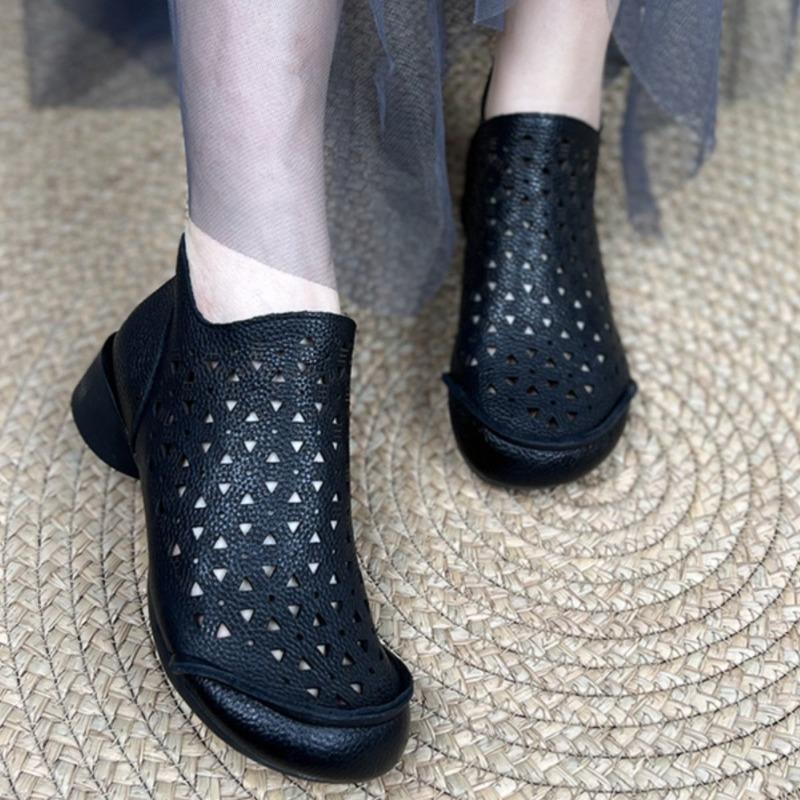 Summer 2025 New Fashion Chunky Heel, Round Head, Back Zipper, Ethnic Style, Hollowed-out Chunky Heel Low-top Sandals for Women