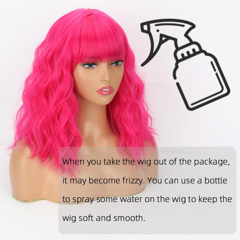 LISI HAIR Rose Red Short Wavy Wig with Bangs Synthetic Fiber Shoulder Length Fashion Cosplay Daily Wear Natural Wavy Wig