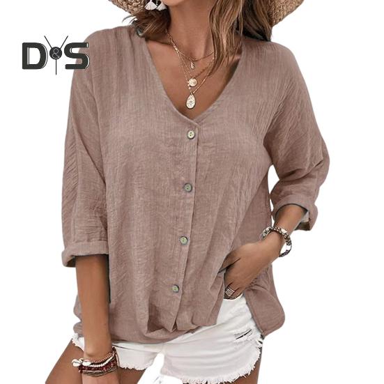 Damen Frühlingshemd V-Ausschnitt Knöpfe Einreihig Langarm Einfarbig Weich Atmungsaktiv Dame Vintage Lose Mittellanges Oberteil