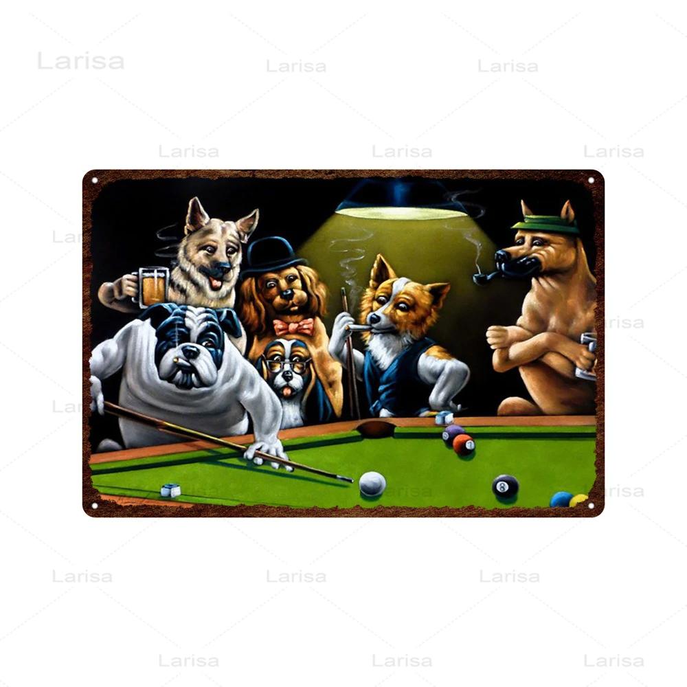 Dogs Playing Poker Game Metal Plaque Animals Playing Billiards Tin Sign Garage Club Wall Pub Tin Sign Vintage Metal Posters