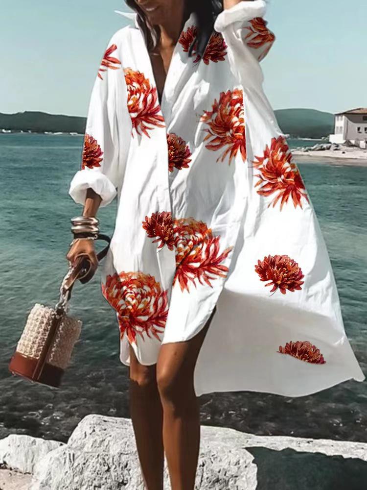 Trendy 3D Floral Print Lapel Long Sleeve Dress