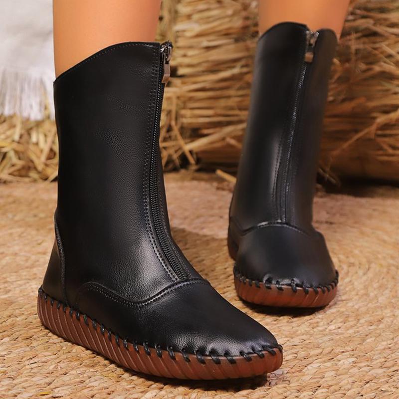 Fashion Vintage Pu Leather Mid-Calf Boots Women Winter Thick Warm Short Plush Boots Woman Zipper Flat Heel Beige Black Botas Mujer