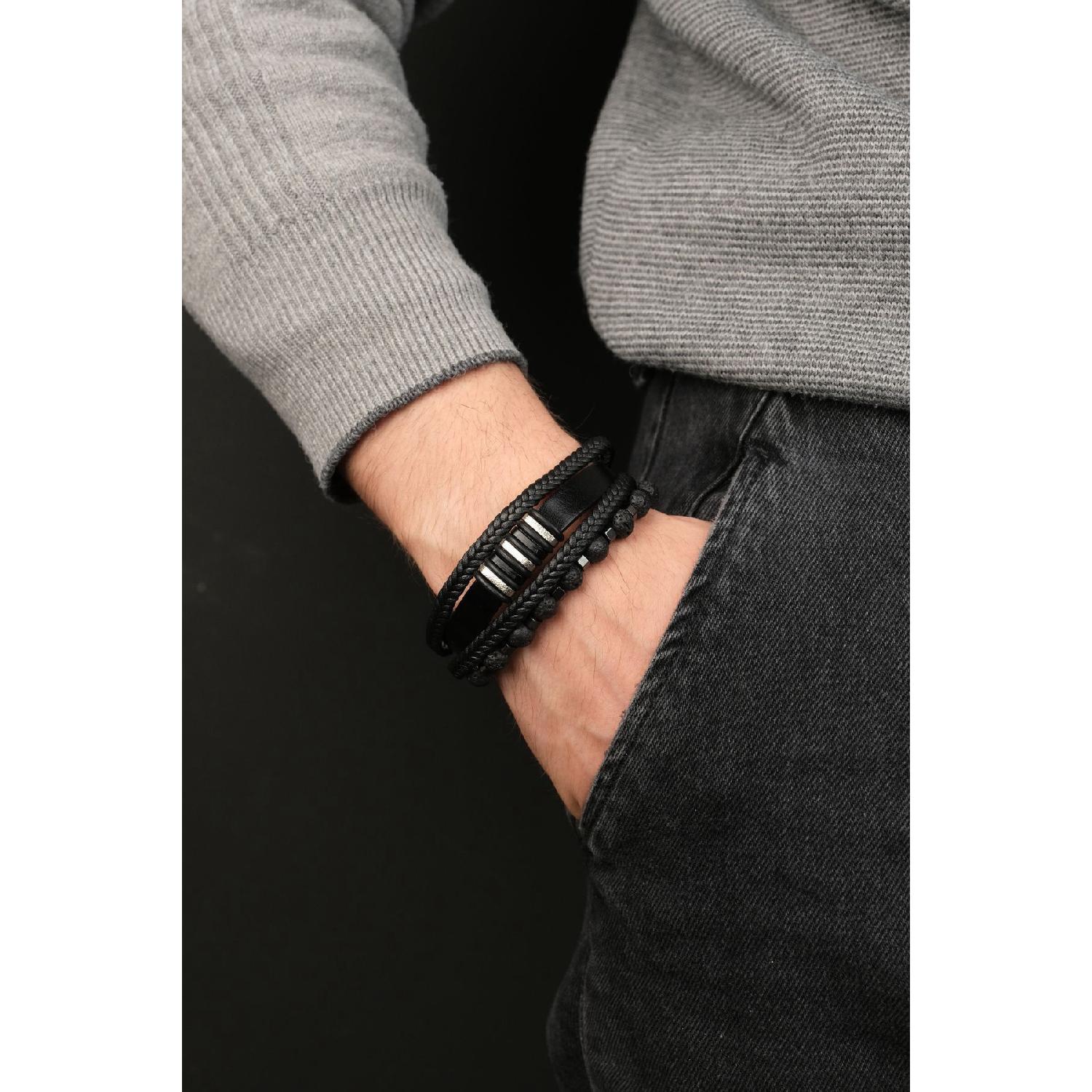 

Handcrafted Men s Leather And Natural Stone Combination Bracelet Set 21 cm чорний