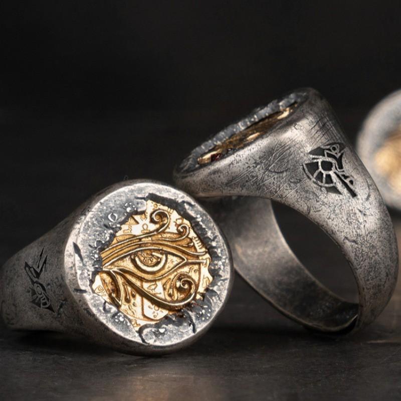Adjustable Open Ring With Horus Eye Motif Copper Vintage Unisex Statement Men Women