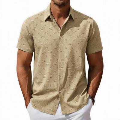 Men Hollow Out Eyelet Embroidery Short Sleeve Shirt Casual Breathable Button Down Top