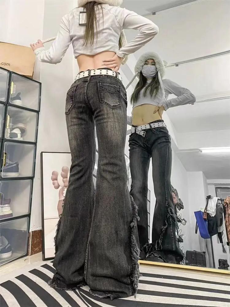 ZYLLO High Quality American Vintage Clothes Raw Edge Design Flared Jeans for Women Patchwork Low-rise Washed Denim Y2k Pants