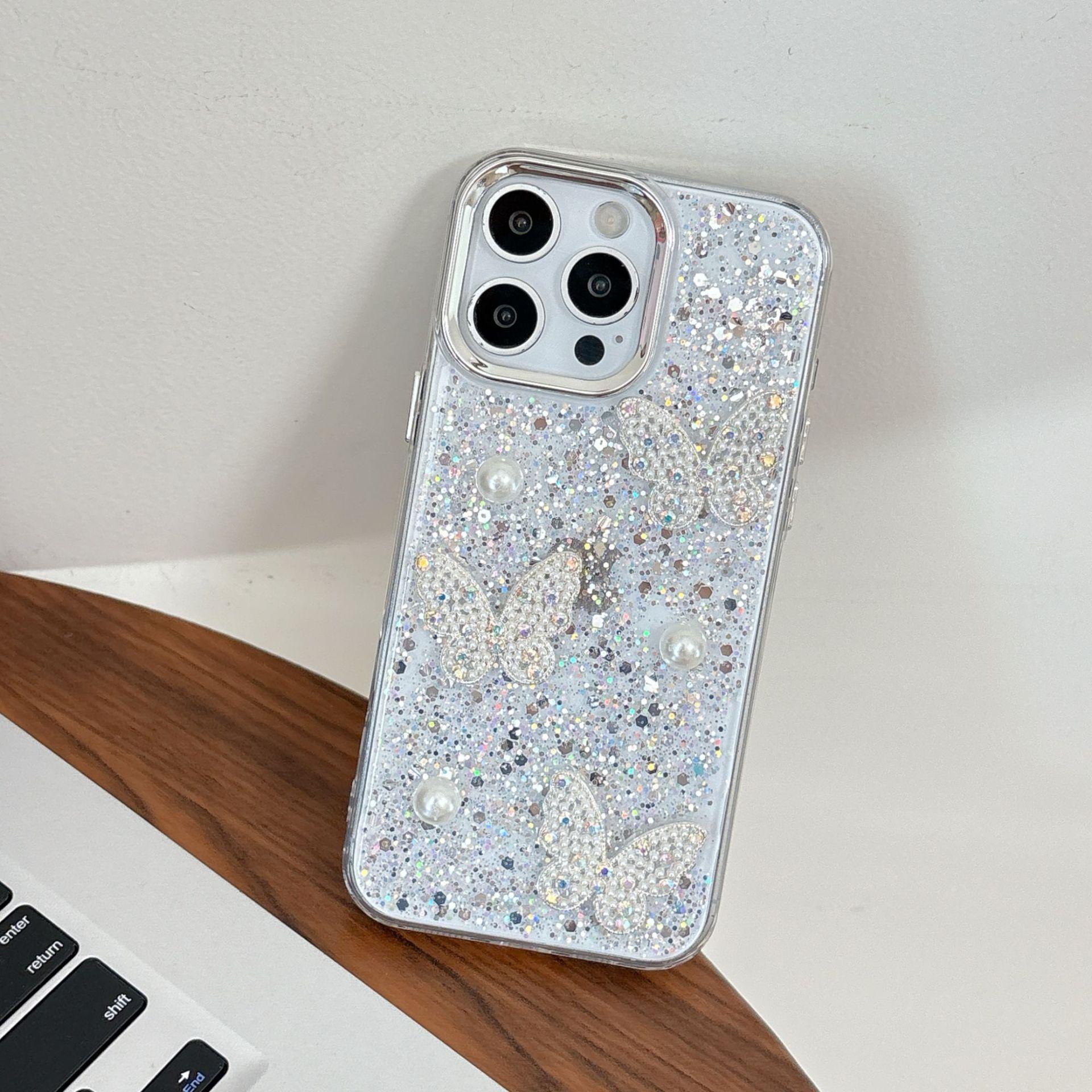 

Подходит для чехлов для телефонов IPhone16E, смола «Звездное небо», Apple 15promax и 3D жемчужная бабочка 14 iPhone11Promax