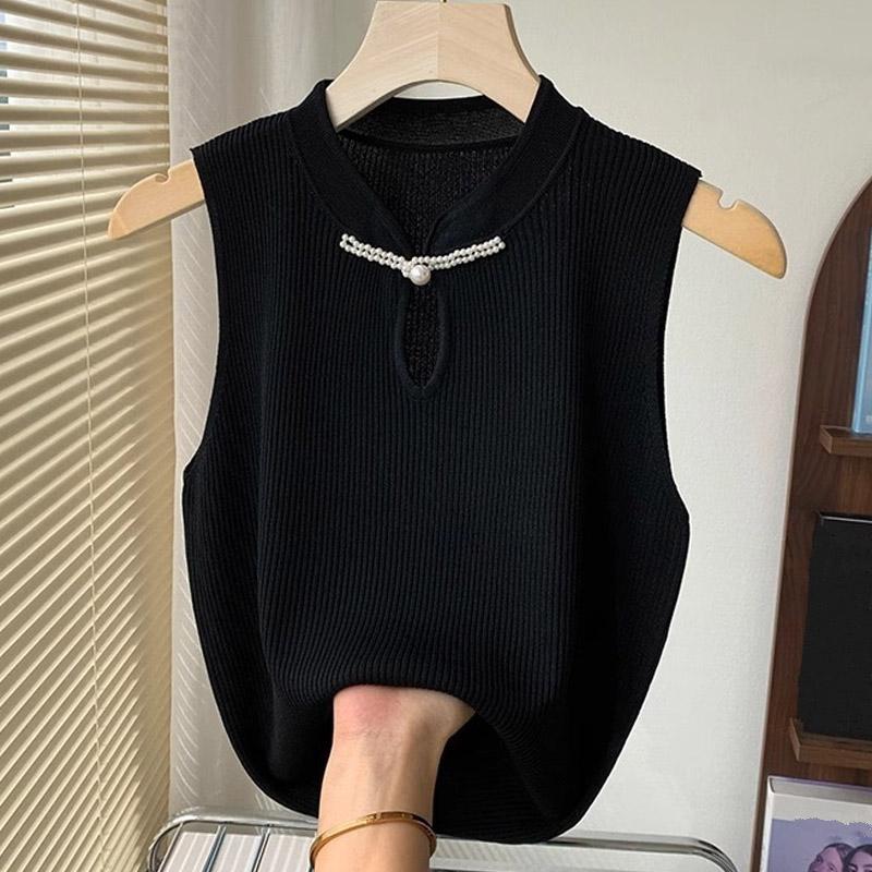 Tank Tops Women 2025 Summer Sleeveless Stand Collar Black White Knitted Tank Tops Camis Women Tops JJ195