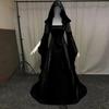 Mittelalterliches Renaissance-Maxi-Zug-Kleid für Damen, Halloween, Teufel, heidnische Hexe, Hochzeitskostüm, Kapuzenkleid, Robe, Cosplay-Kostüm