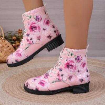 European and American Rose Printed High-top Boots Women's Large-size Fashion Boots Martin Boots Autumn and Winter New Fashion Tooling Boots