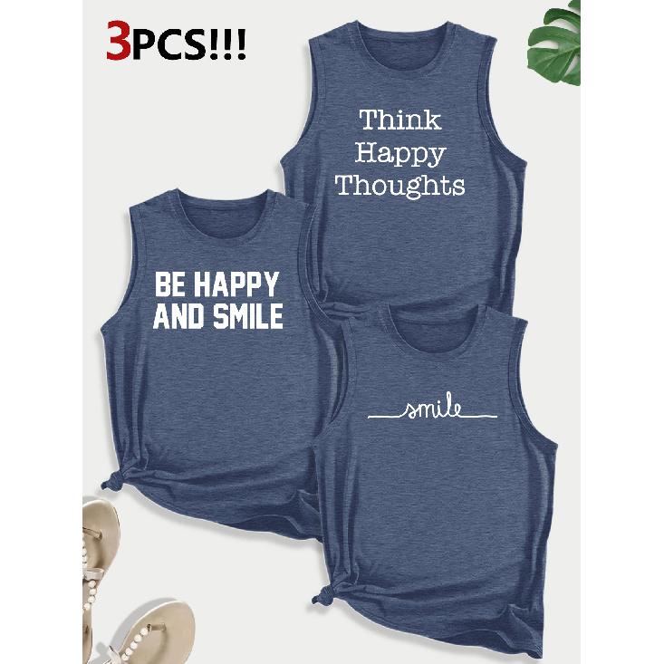 ThinkHappy Text Combination Gift Print Pattern Round neck3Pack of Sleeveless Vests for Women In Spring, Summer, and Autumn
