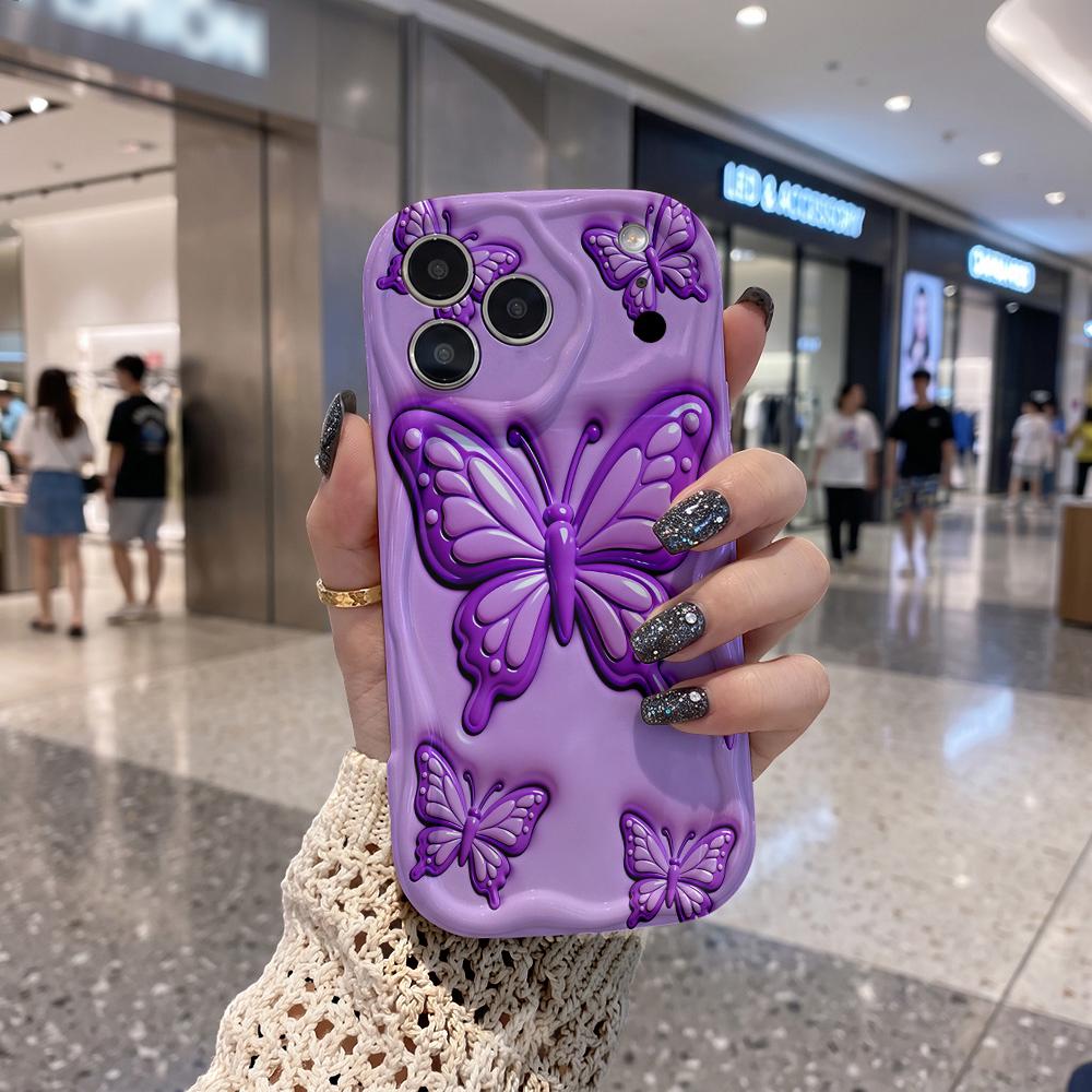Gradient Purple Butterfly Phone Case for iPhone 16 15 14 Pro Max 13 12 11 Mini XR XS SE Wavy Edge Soft Cover