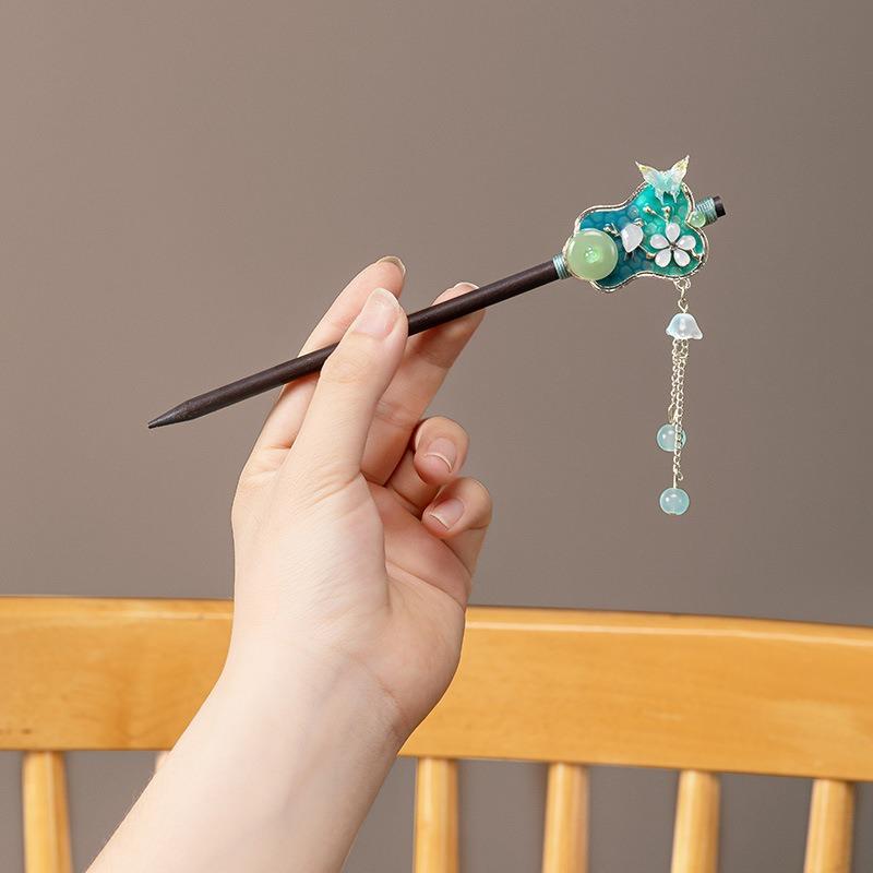 New Chinese Style Antique Style Green Fan Flower Women's Walk Shaking Wooden Hairpin Banquet Party Cheongsam Hanfu Accessories