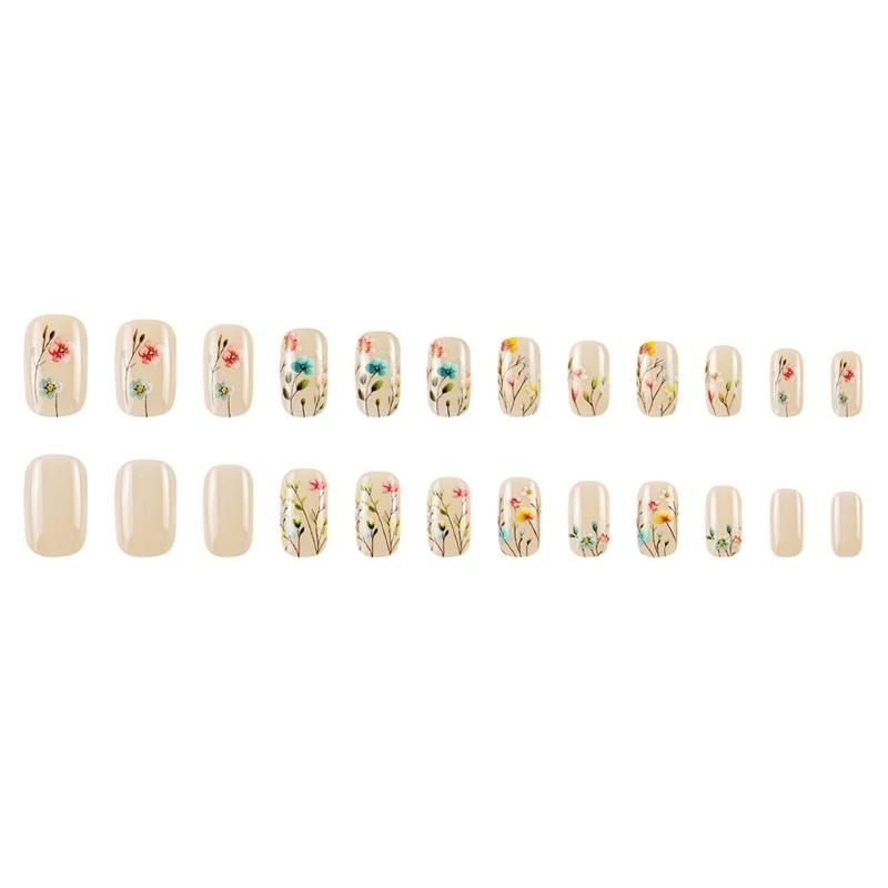 24pcs False Nail With Flower Pattern Friendly Stick On Nail Press On Nail Quick Application Fashion Nail Art for Women
