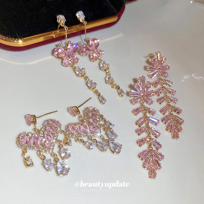 Silver Needle Korean Style Pink Zirconia Butterfly Tassel Stud Earrings - Luxurious and Exquisite Accessories for Women