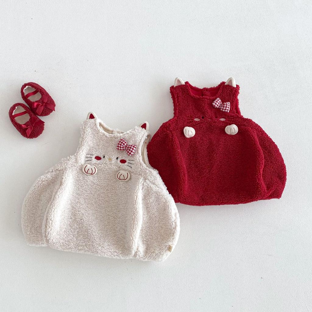 Children Red Festival Dress Girls Warm Quilted Sweater Dress Winter Party Outfit