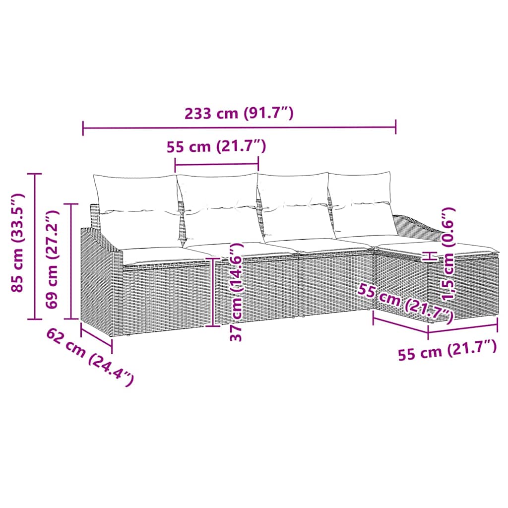 5 Piece Brown Poly Rattan Sofa Set with Cushions