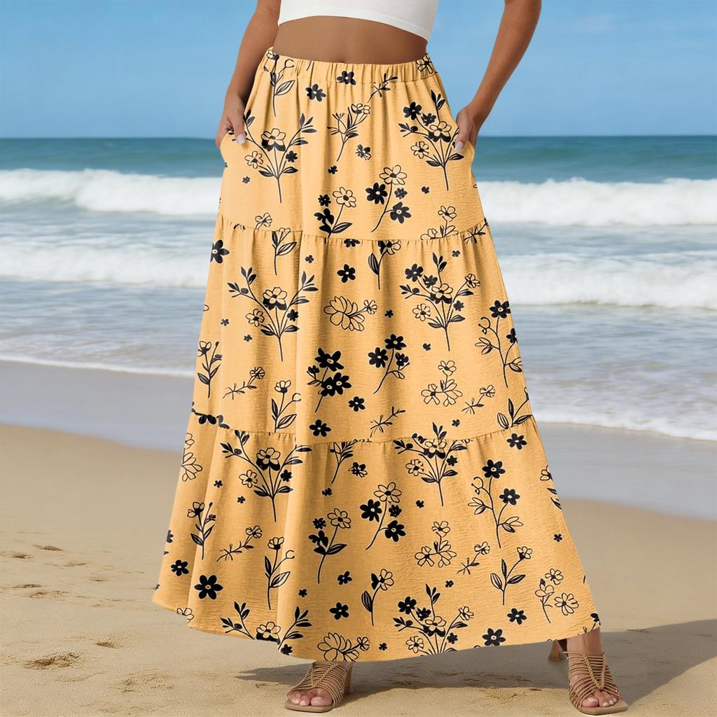 Women's Casual High Waist Drawstring A-line Skirt Color Skirt With Pockets