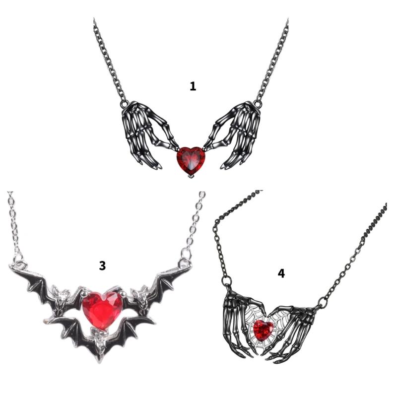 Edgy Heart Bat Wing Pendant Necklace Dark Fantasy Skull Hand Jewelry For Women Gothic Halloween Gift Fashion Accessory