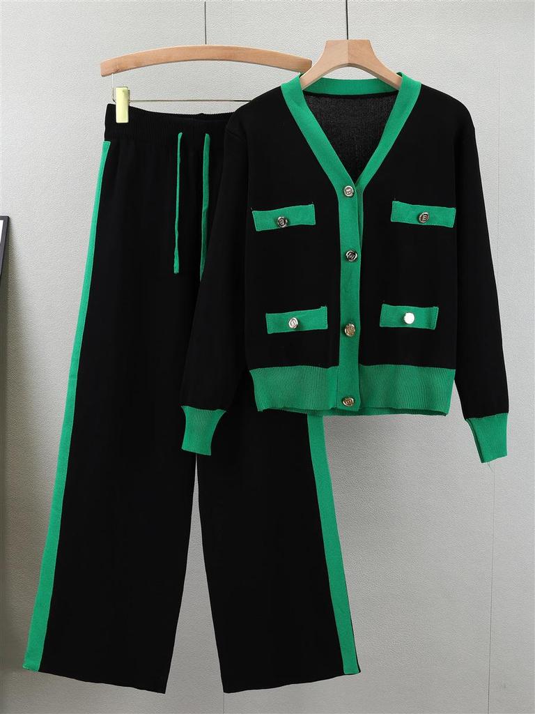 Women's Korean V-Neck Knit Set: Autumn Slim Cardigan & Wide-Leg Pants (Age-Reducing Two-Piece)