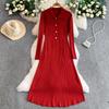 Autumn Winter Women Elegant Polo Collar Knitted Sweater Red Long Midi Pullover Dresses