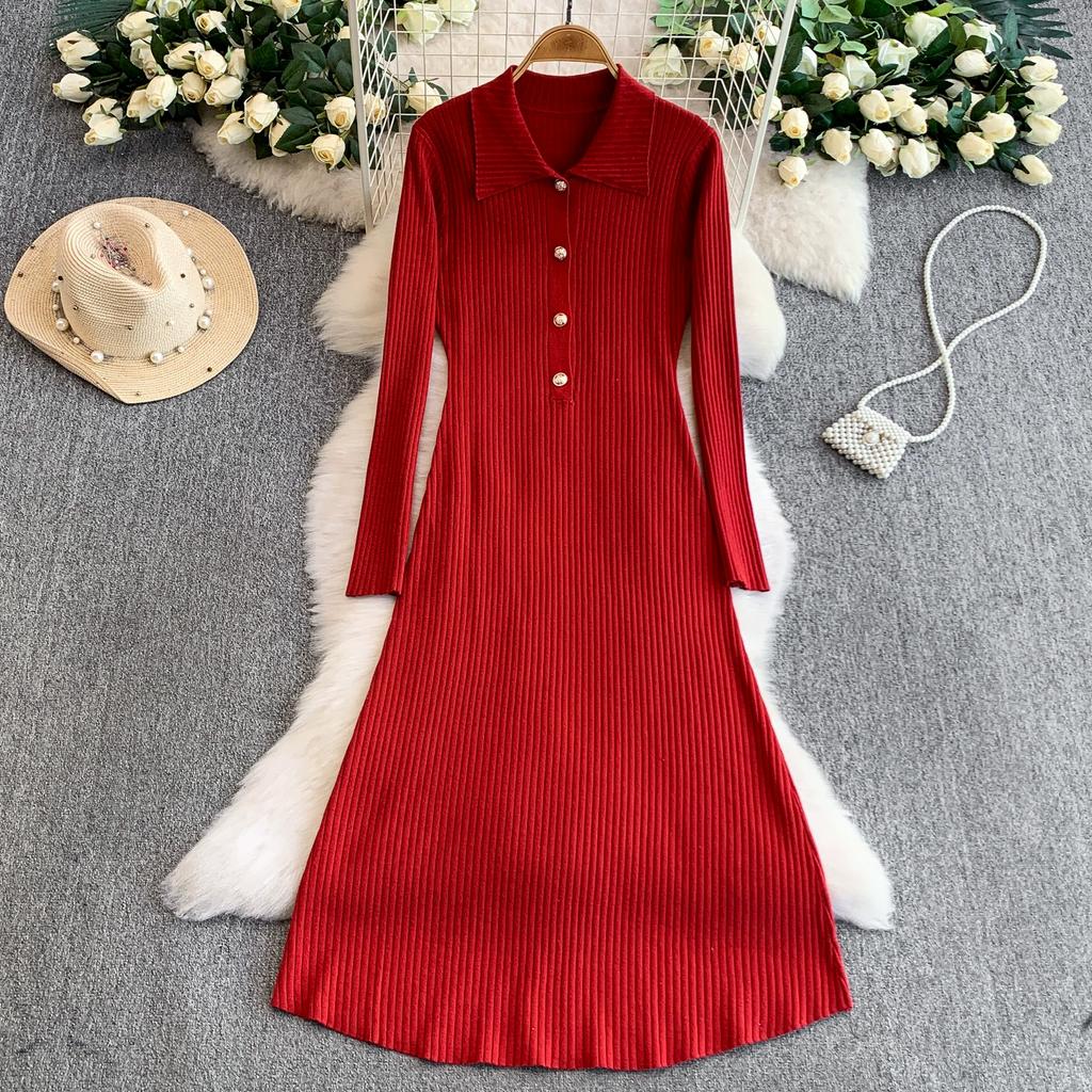Autumn Winter Women Elegant Polo Collar Knitted Sweater Red Long Midi Pullover Dresses