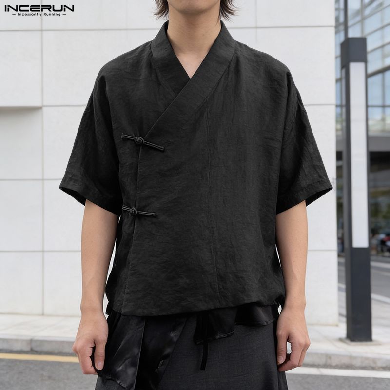 INCERUN Camicie Casual Estive Oversize da Uomo con Scollo a V a Maniche Corte Nodo Retro Top