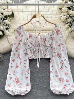 Καλοκαιρινό γαλλικό στυλ με στάμπα κοντή μπλούζα μακριά μανίκια με ελαστική παραλία Κορυφαία γυναικεία μόδα Εξώπλατη μπλούζα λουλουδάτο κοντό σέξι λεπτό φόρεμα