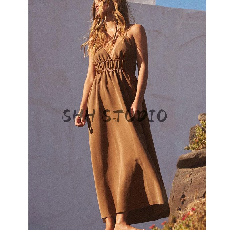 Spring New Women's Clothing Bowknot Decoration Open Back Vertical Vacation Style V-neck Strap Dress 3067367