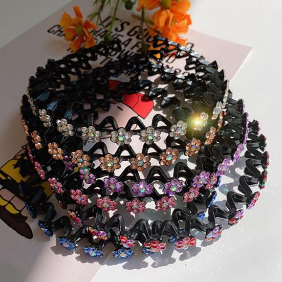 Hair Hoop Flower Ornament Lightweight Non-Slip Shiny Visual Effect Easy-wearing Decorative Resin Rhinestone Floral Style Soft Edge Hair Hoop for