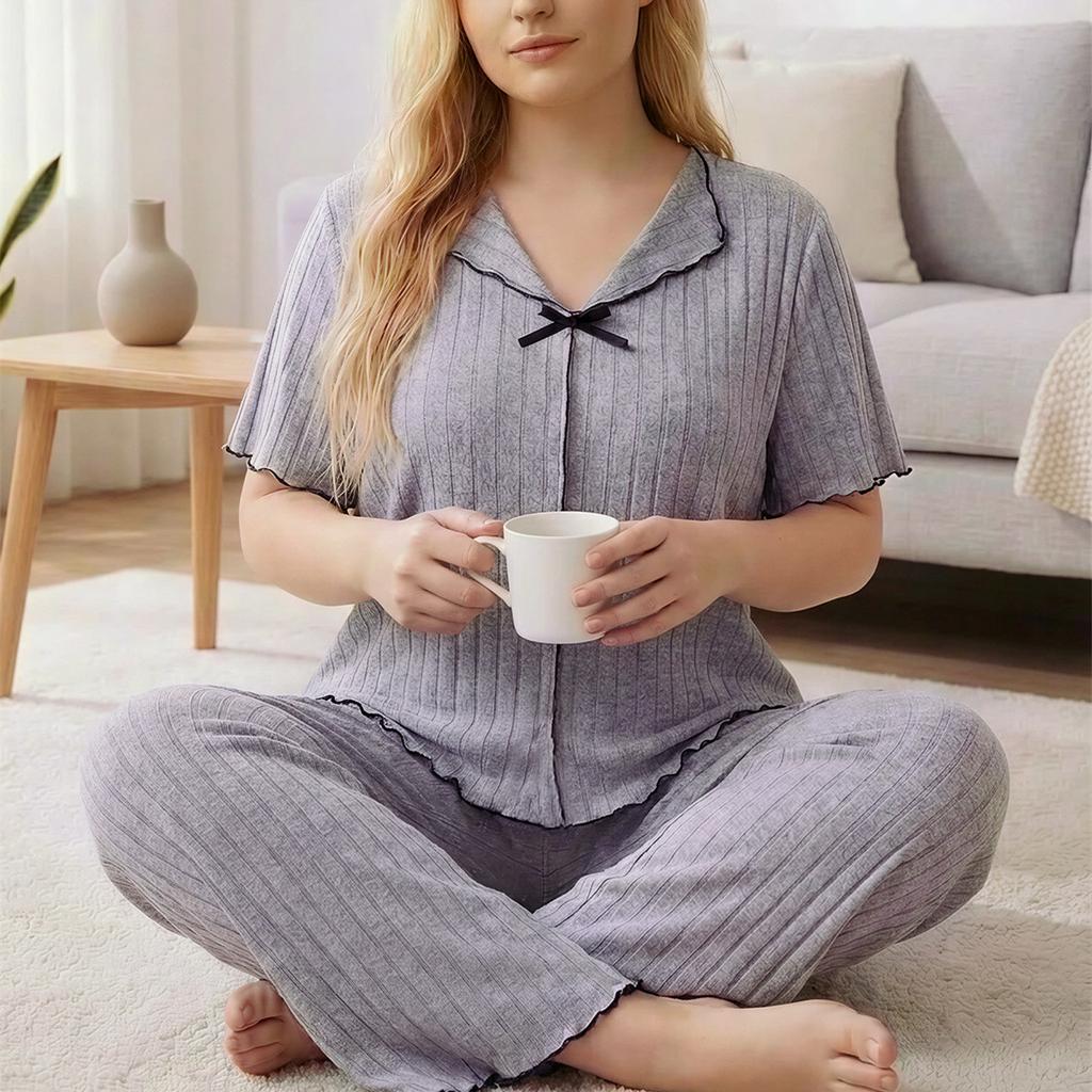 Milk silk pajamas set women's solid color short-sleeved trousers lapel bow loungewear two-piece set can be worn outside