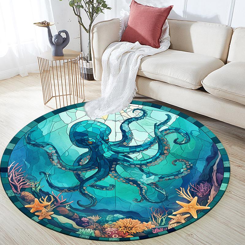 Octopus and Starfish Round Area Rug,Carpet Rug for Living Room Bedroom Sofa Playroom Decor,Non-slip Floor Mat