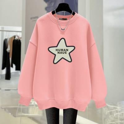 Kadınlar için Pembe Yuvarlak Yaka Sweatshirt Bol Peluş İlkbahar, Sonbahar ve Kış Yeni Beş Köşeli Yıldız Harf İnce Orta Boy Üst