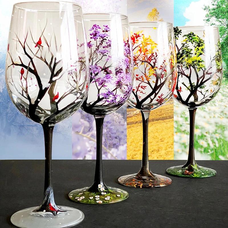 For Glass Four Seasons Tree Wine Glass Creative Printed Goblet Large Capacity Drinkware Beer Family Party Bar Party Drinkware