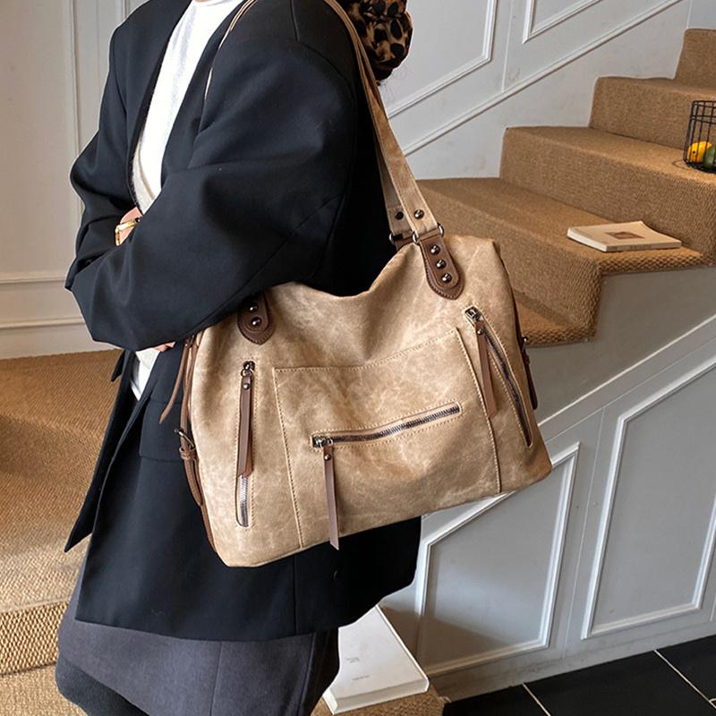 Yogodlns Zipper Tote Bag Solid Color PU Leather Large Capacity Shoulder Bag Minimalist Style Shoulder Bag for Women Daily Commute Use