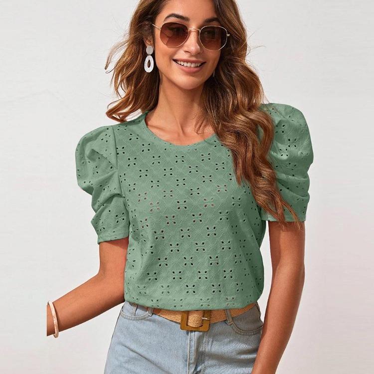 Dame Utkuttet Jacquard Bobleermet T-skjorte Ensfarvet Rund Hals Topp Bluse Vår Sommer Mote