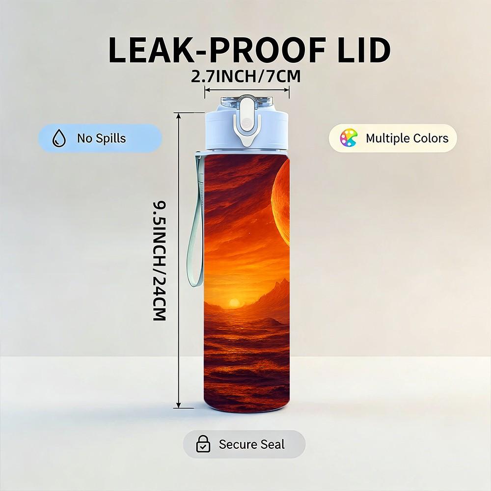 1PC Sunset Planet Cosmic Landscape Print 750ml Color Plastic Sports Water Bottle Leakproof Flip Straw Lid Suitable for Sports Office Home Use