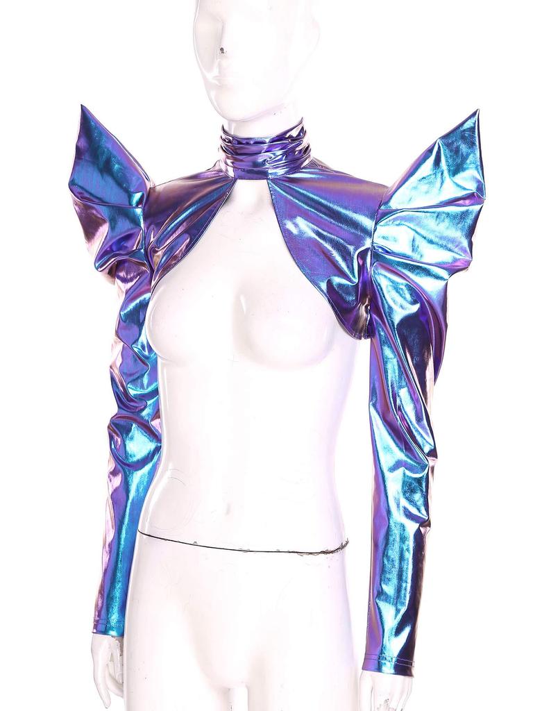 Bolero Cardigan Metallico Futuristco Trasparente a Collo Alto Manica Lunga con Zip Posteriore da Donna per Festa in Costume Halloween