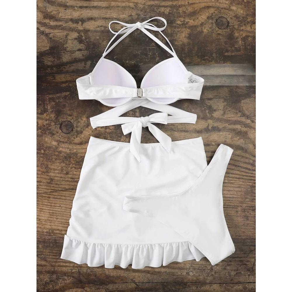 Women solid tie bow push up bikini sets three pieces with wrinkled ruffles mini skirt swimsuit bathing suit beach outfits