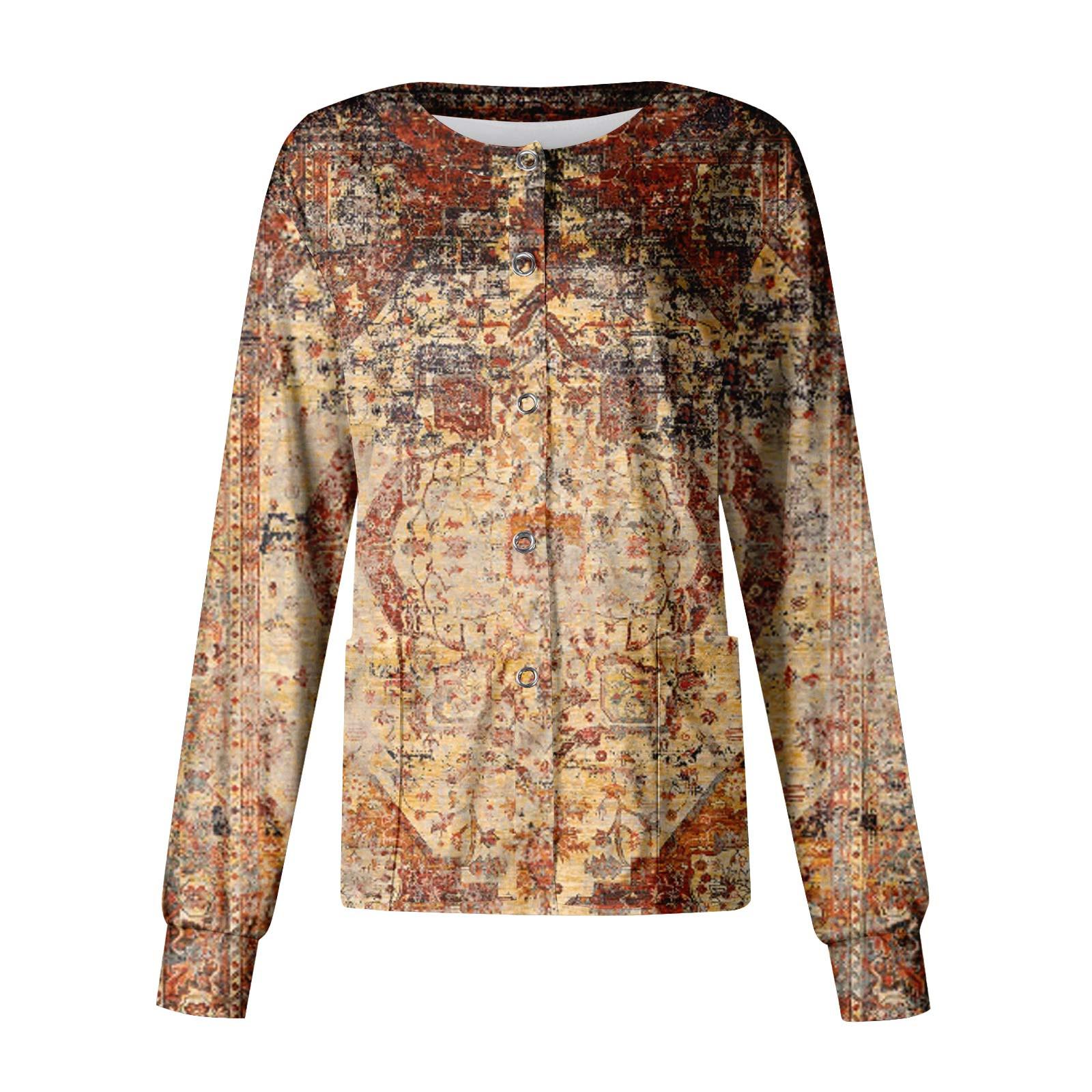 

Женская однобортная защитная рабочая одежда с длинными рукавами и карманами, винтажный принт с воротником-стойкой, куртка-кардиган, топы XXXL кофейный