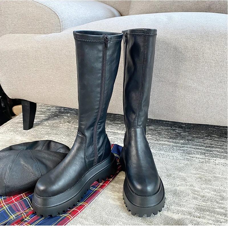 Móda 2025 Zimní Robustní Platformové Podpatky Dlouhé Kozačky Kulatá Špička Zip Silná Podrážka Dámská Móda Zima Dámské Kozačky po Koleno