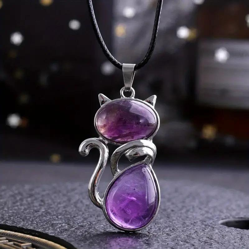 Natural Crystal Pendant, Cat Shaped, Inlaid with Amethyst, Pendant Necklace, Jewelry, Accessories, Etc