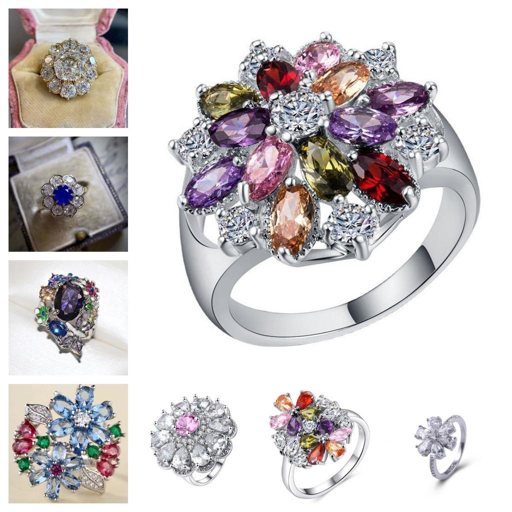 Silver Water Drop Pear-Shaped Flower Snowflake Ring Simple Temperament Flower Ring
