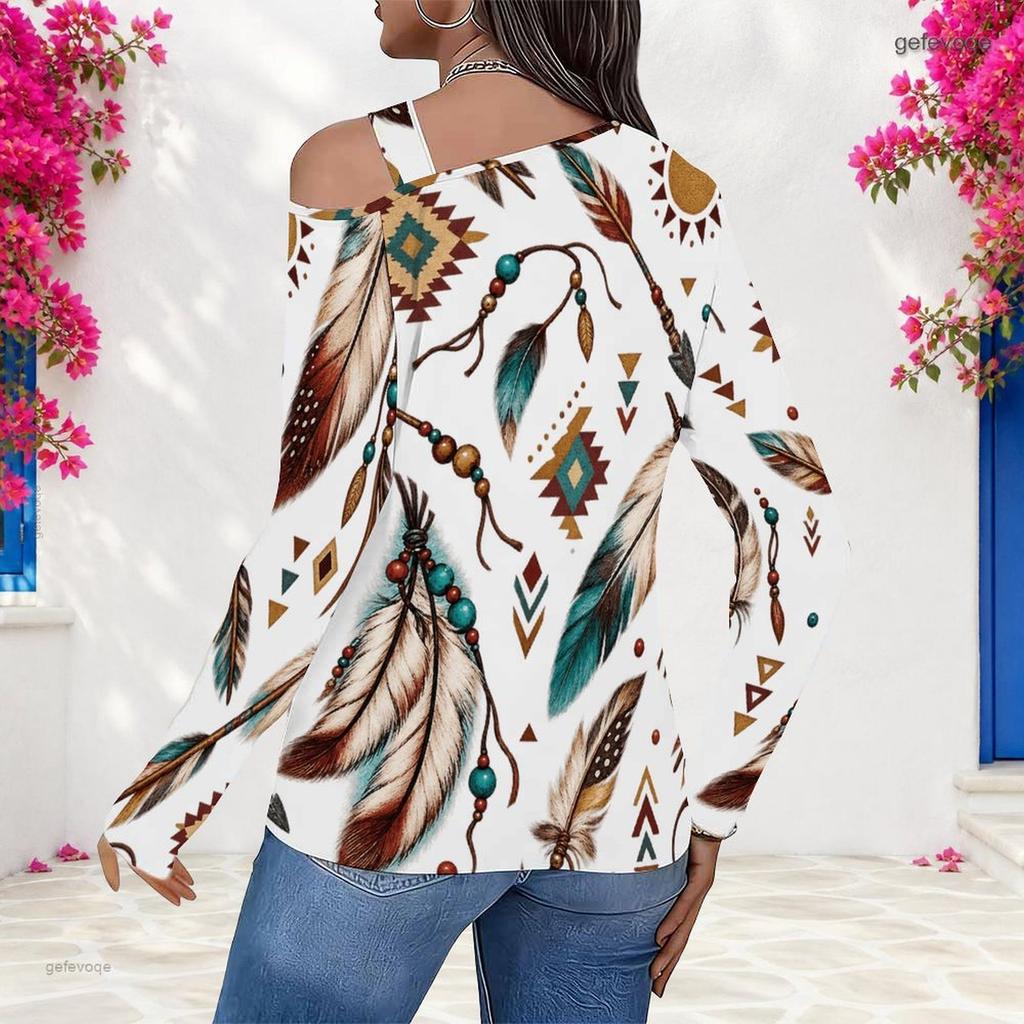 Women Plus Size White Blue Floral Paisley Printed Asymmetric Cutout Neck Cold Shoulder Long Sleeve Fitted Blouse