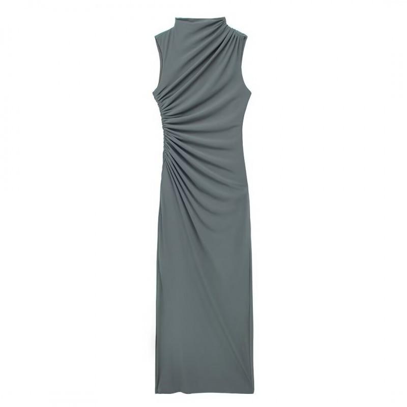 

European American Women s Clothing Fashionable Temperament Pleated Decoration Midi Sleeveless Long Dress L оливковий колір