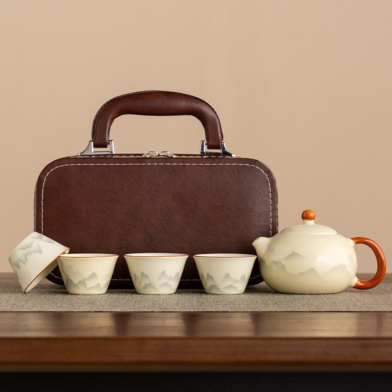 2025 New Huang Ru Kiln Travel Tea Set One Pot Four Cups Kung Fu Outdoor Portable Tea Drinking Tea Pot Tea Cup