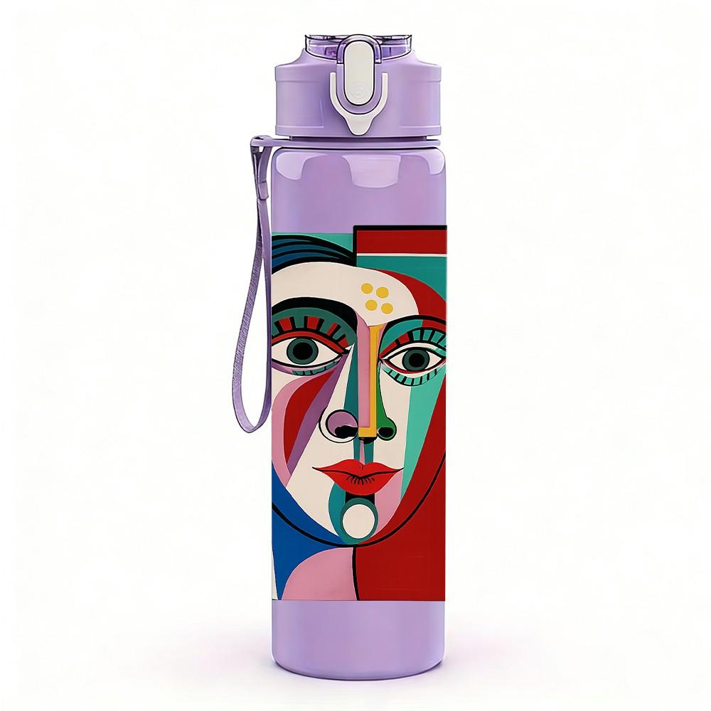 1PC Picasso Style Abstract Lady Print 750ml Color Plastic Sports Water Bottle Leakproof Flip Straw Lid Suitable for Sports Office Home Use